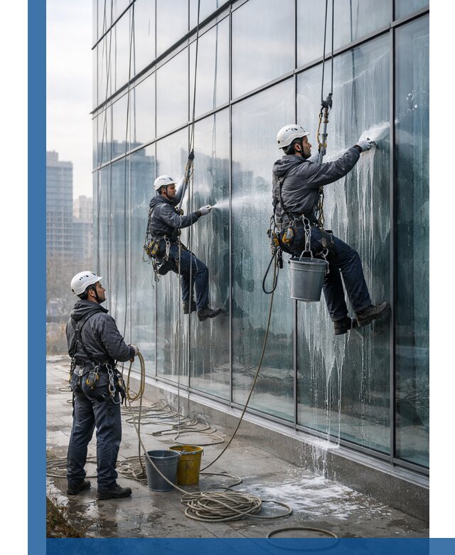 Промышленная мойка панорамных окон на высоте в Ачинске