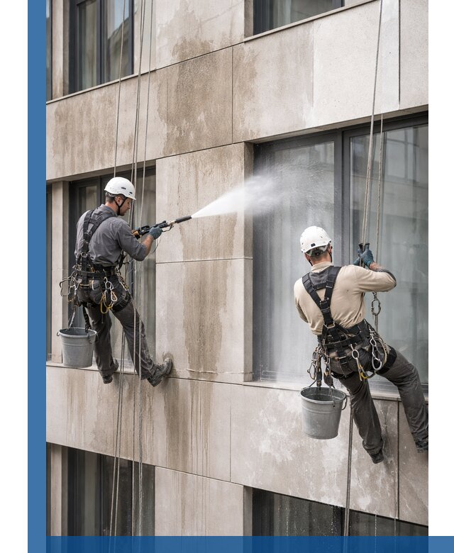 Послестроительная мойка фасада промышленным альпинизмом в Ачинске