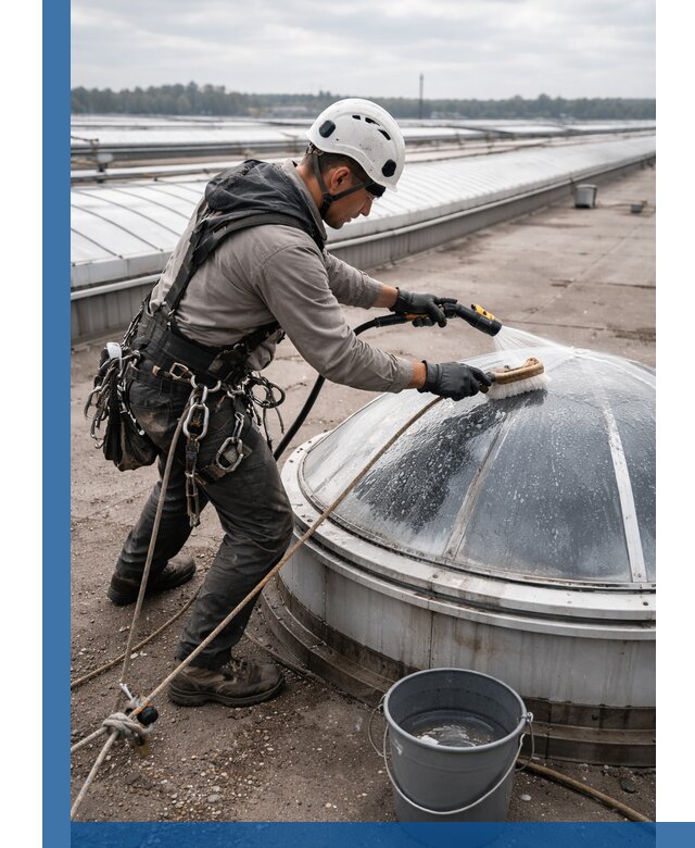 Мойка зенитных фонарей на кровле для промышленных объектов в Ачинске