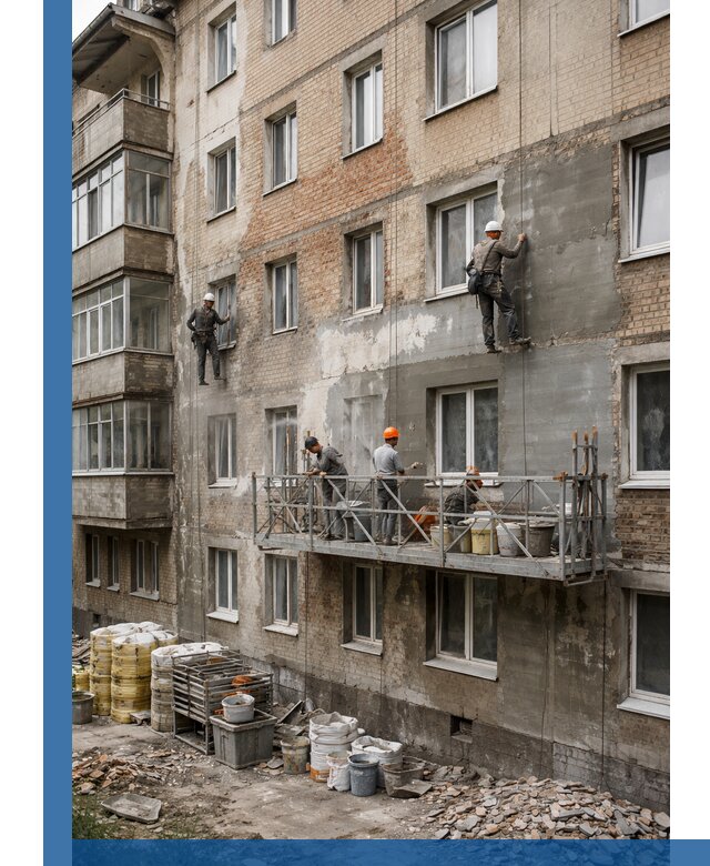 Капитальный ремонт фасада в Ачинске с восстановлением и гидроизоляцией