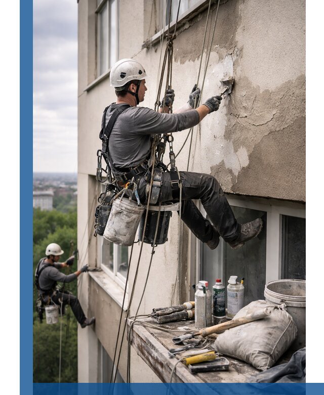 Косметический ремонт фасада зданий в Ачинске промышленными альпинистами