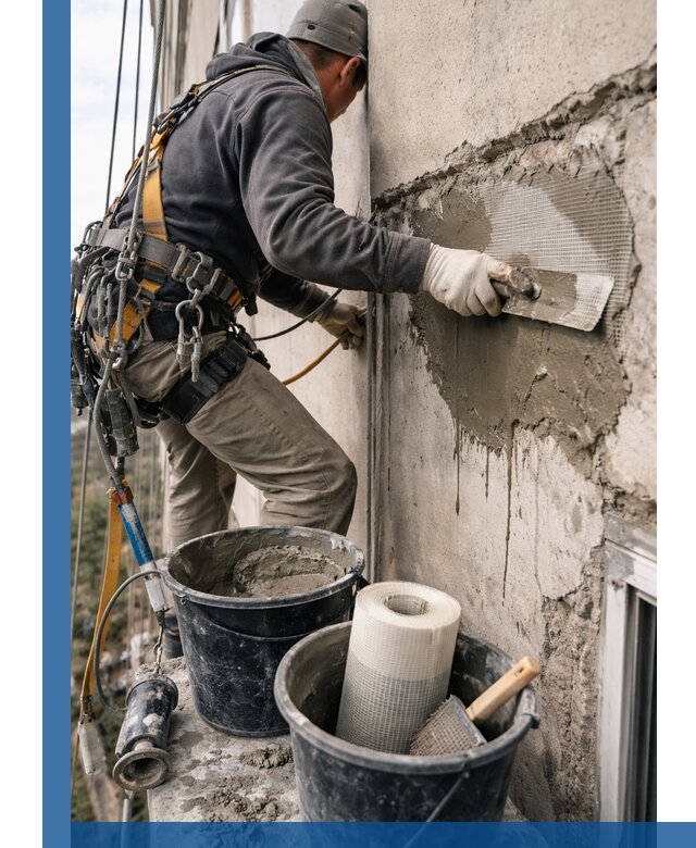 Ремонт бетонных элементов фасада промышленными альпинистами в Ачинске