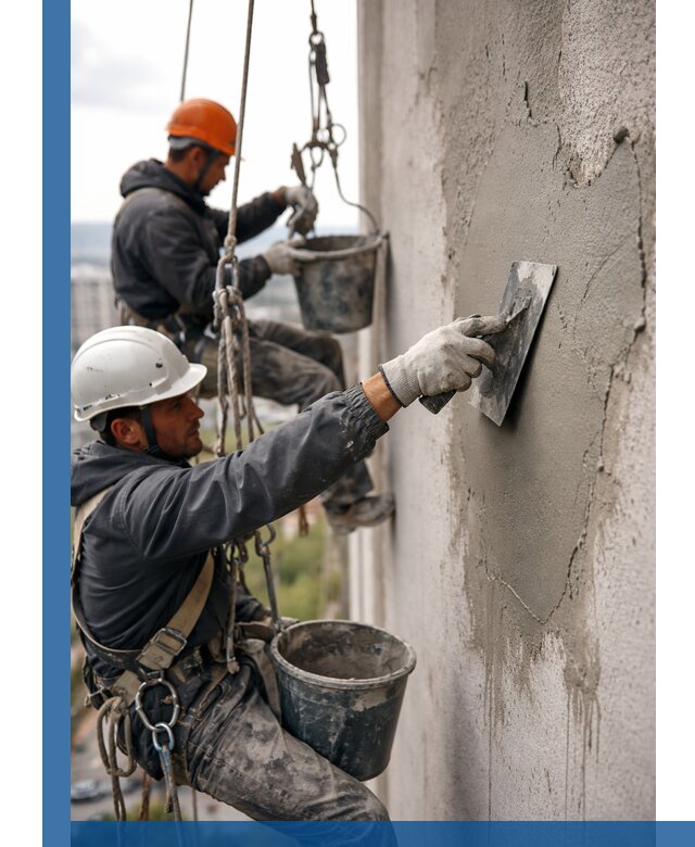 Штукатурка фасада на высоте в Ачинске профессиональные работы