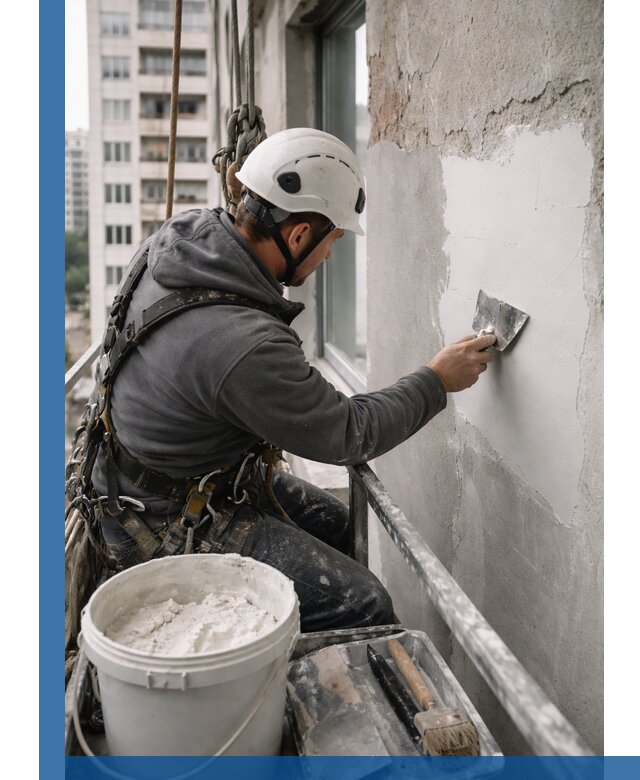 Шпаклевка фасадов на высоте с промальпинистами в Ачинске