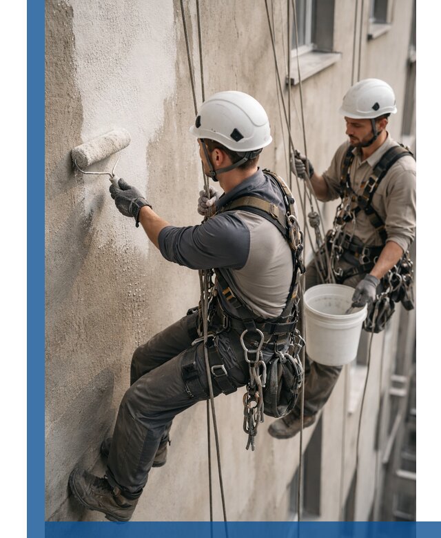 Грунтовка фасада на высоте в Ачинске промышленными альпинистами