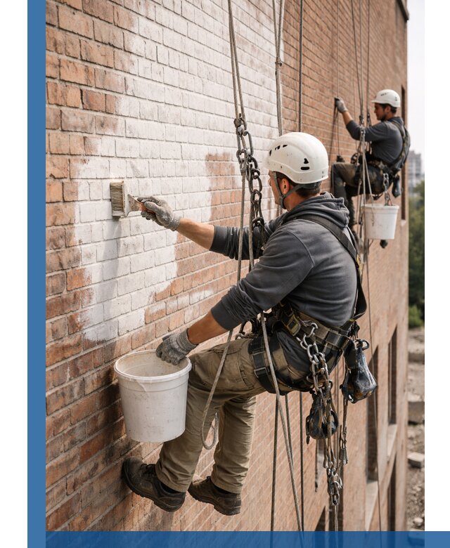 Покраска кирпичного фасада с доступным альпинистским сервисом в Ачинске