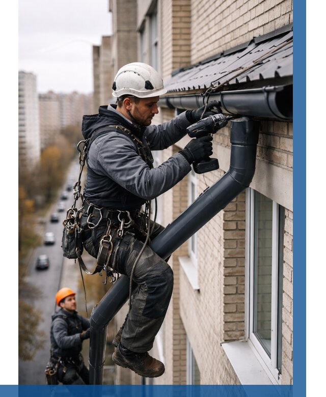 Монтаж водосточной системы на здании в Ачинске от 5065 р. | ВЫСОТНИК-Чнс