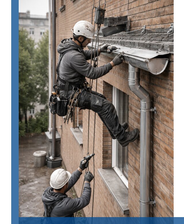 Монтаж водосточной системы на здании в Ачинске под ключ