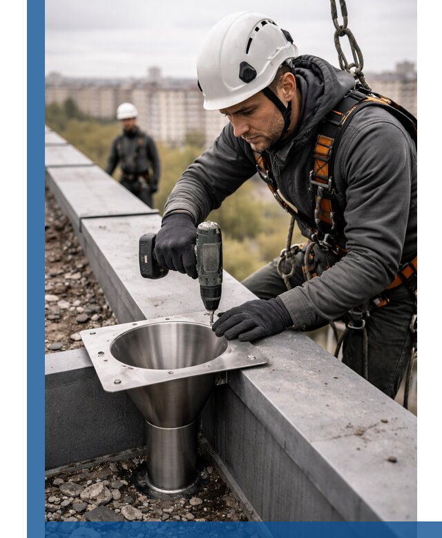 Монтаж водосточных воронок в Ачинске для промышленных зданий