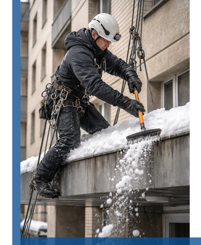 Очистка козырьков от снега в Ачинске круглогодично безопасно