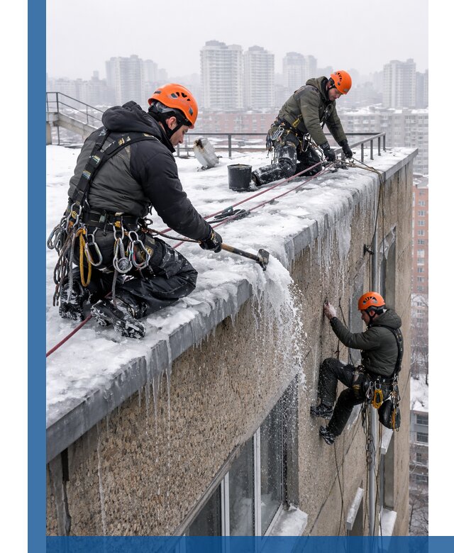 Удаление наледи с кровли в Ачинске промышленными альпинистами