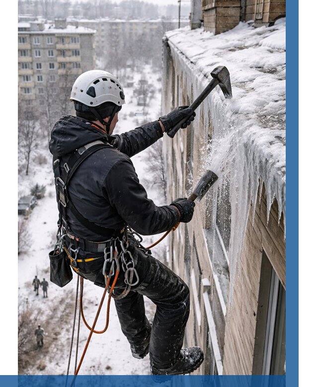 Сбивание сосулек с крыши в Ачинске по цене от 4559 р. | ВЫСОТНИК-Чнс