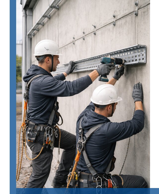 Монтаж кабельных лотков на фасаде зданий в Ачинске с гарантией