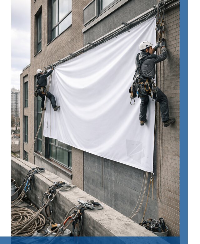 Монтаж баннеров на фасаде в Ачинске от 658 р. заказать ВЫСОТНИК-Чнс