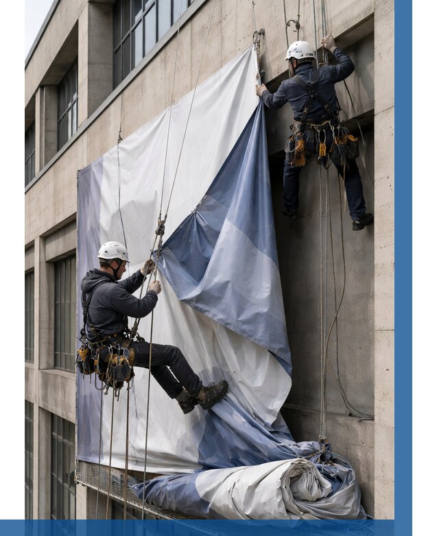 Демонтаж баннеров с фасада в Ачинске от 4559 р. | ВЫСОТНИК-Чнс