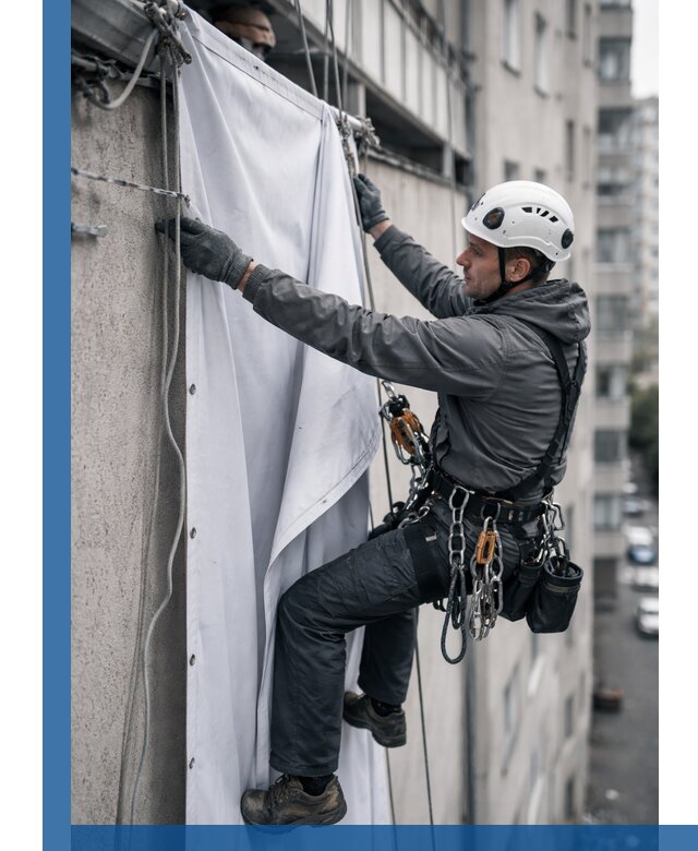 Замена баннерного полотна промышленными альпинистами в Ачинске