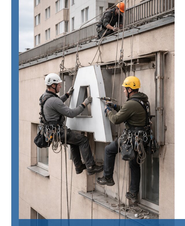 Ремонт и восстановление наружных вывесок на высоте в Ачинске