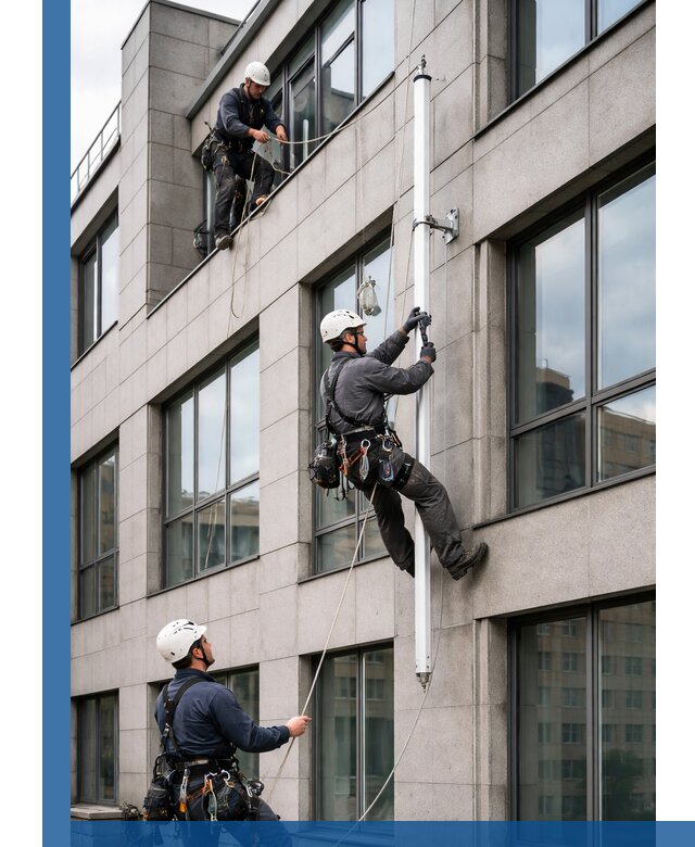 Монтаж флагштока на фасаде здания с креплением и герметикой в Ачинске
