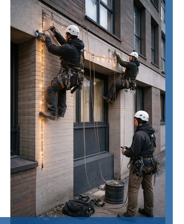 Монтаж гирлянд на фасаде в Ачинске от 3546 р. | ВЫСОТНИК-Чнс