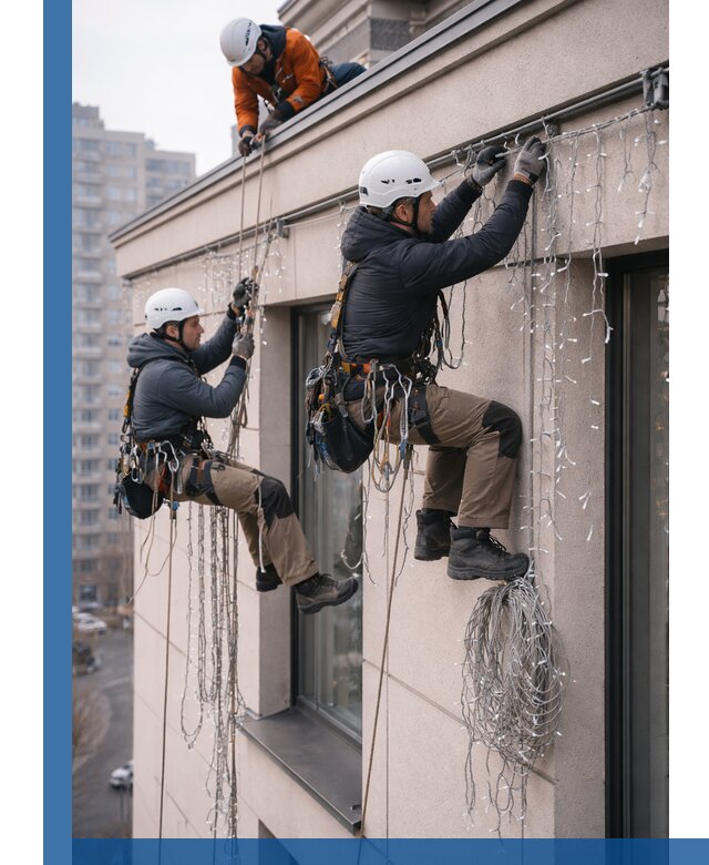 Монтаж праздничных гирлянд на фасаде в Ачинске для зданий