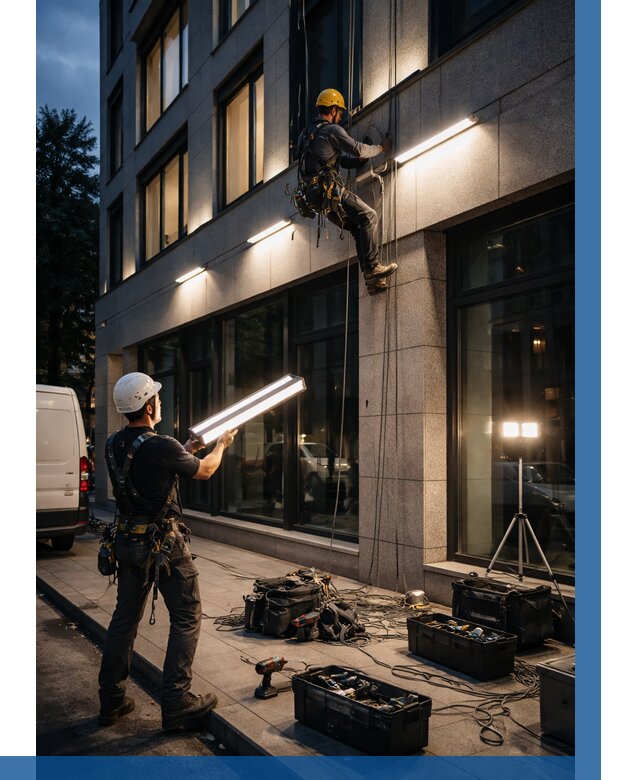 Монтаж архитектурной подсветки здания в Ачинске от 2533 р.|ВЫСОТНИК-Чнс