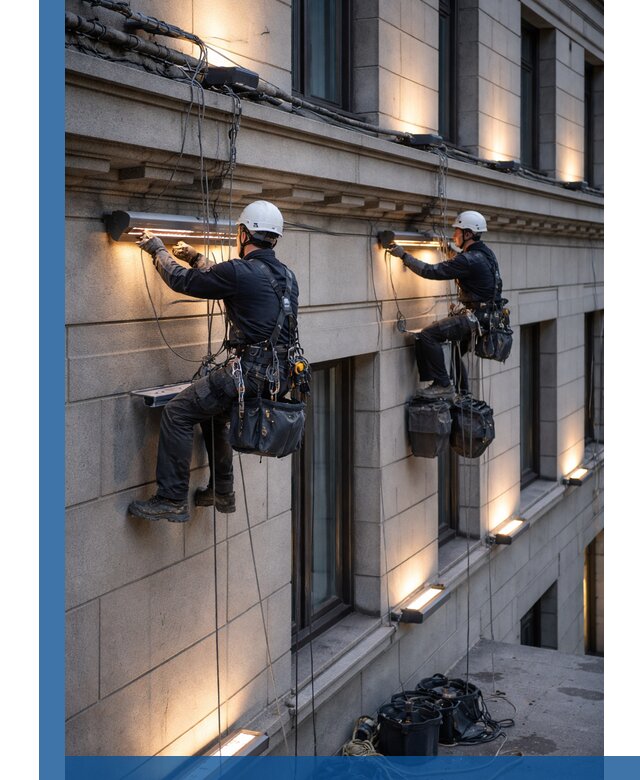 Монтаж архитектурной подсветки фасадов зданий в Ачинске