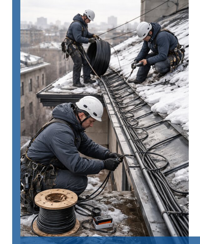 Монтаж греющего кабеля на кровле в Ачинске под ключ