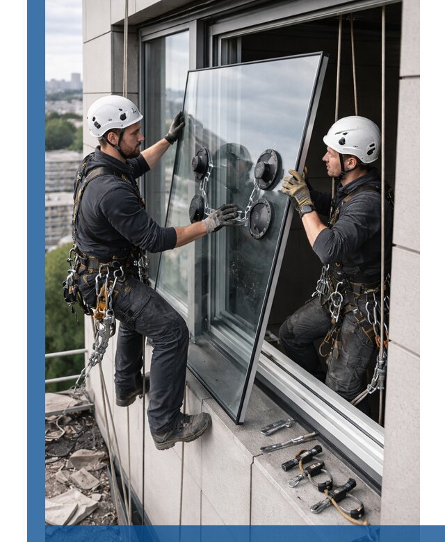 Замена стеклопакетов на высоте с промышленными альпинистами в Ачинске