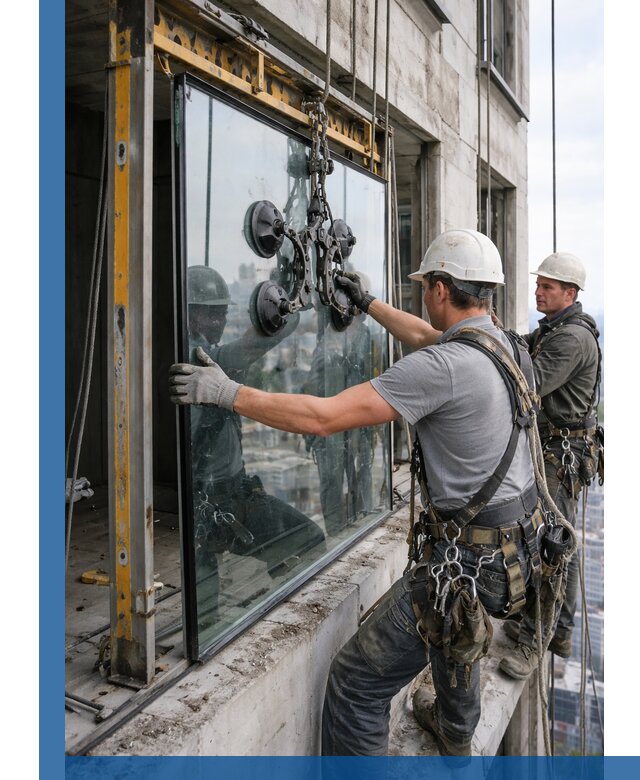 Монтаж стеклопакетов на высоте в Ачинске с промышленным альпинизмом