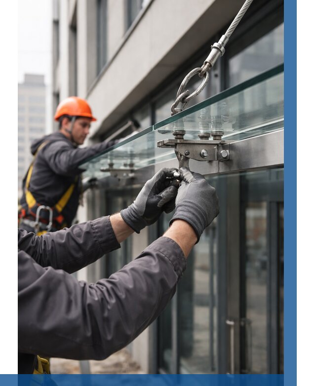 Монтаж стеклянных козырьков в Ачинске от 8611 р. | ВЫСОТНИК-Чнс