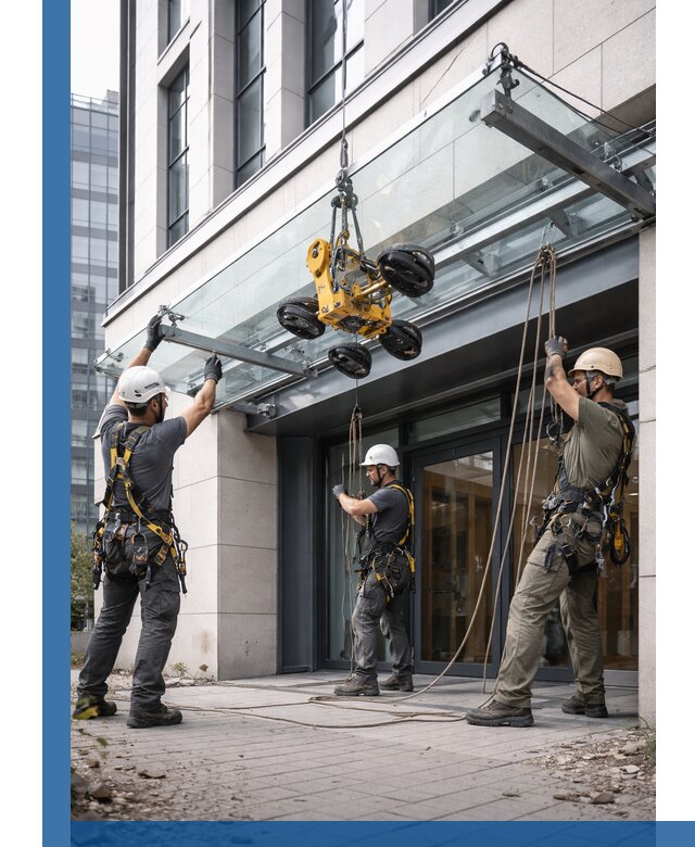 Монтаж стеклянных козырьков под ключ в Ачинске для зданий