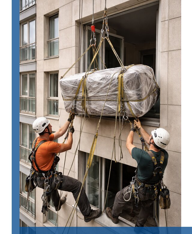 Подъем грузов через окно в Ачинске промышленными альпинистами