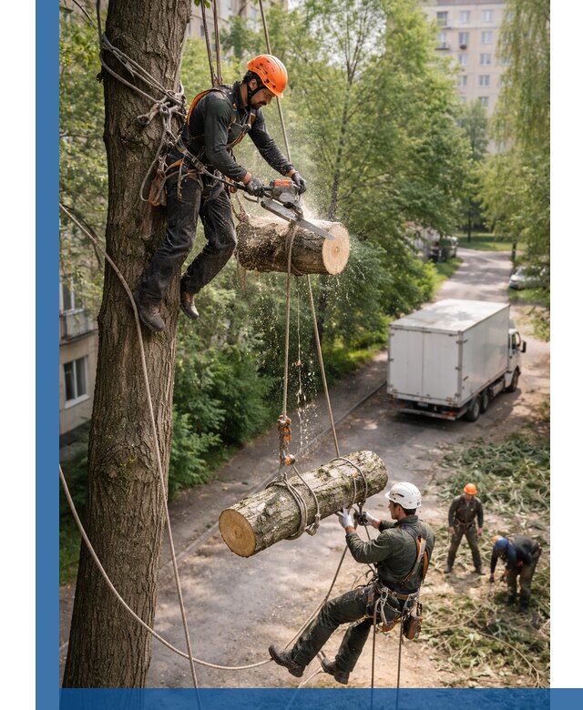 Спил деревьев альпинистами в Ачинске, безопасно и без повреждений