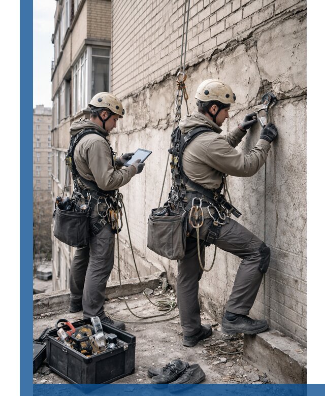 Обследование фасада промышленными альпинистами в Ачинске